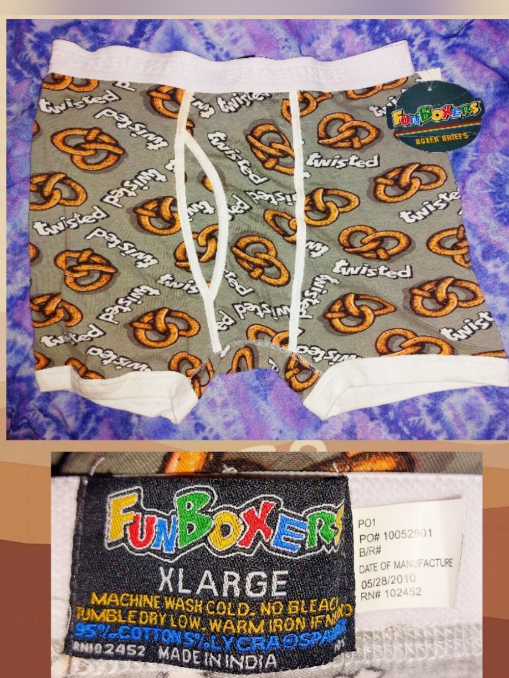 Fun Boxers Gray/White/Multiclr Twisted Pretzels Print Soft Knit Boxer Briefs XL